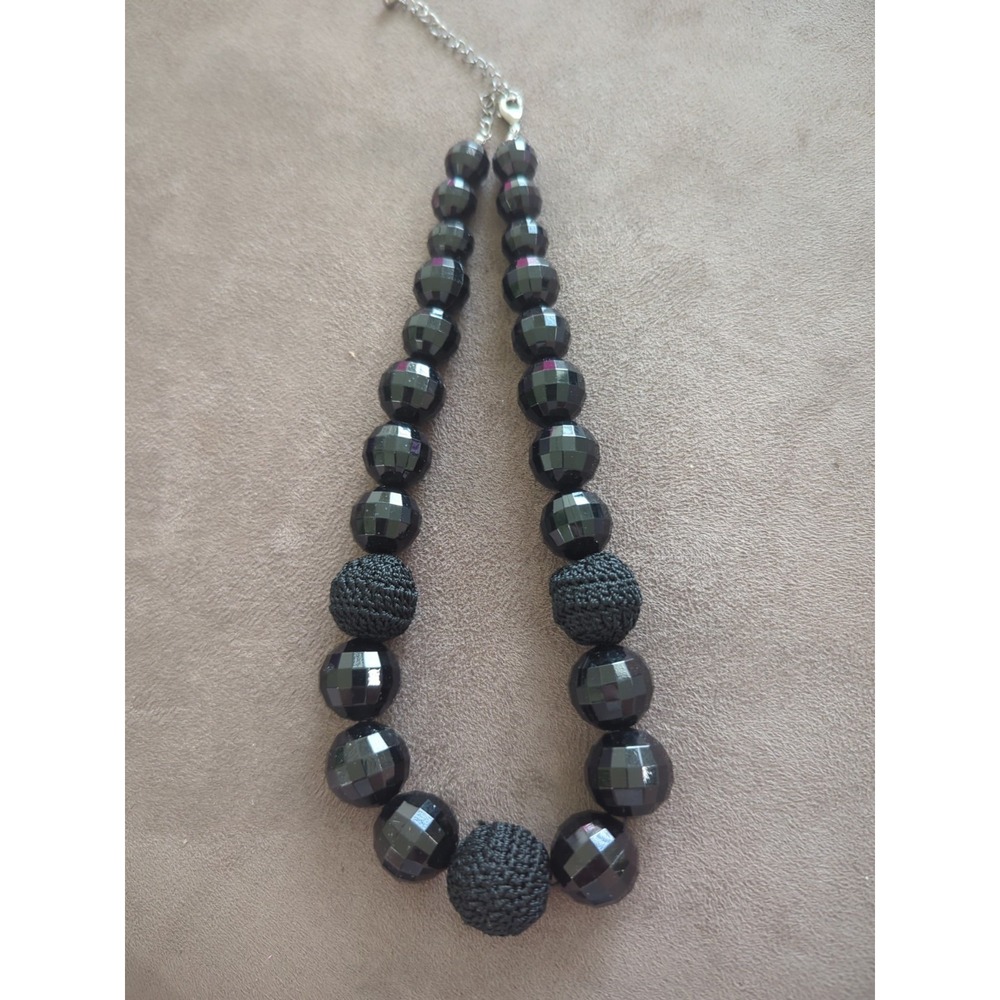 Chunky‎ Black Faceted Beaded Necklace With Mixed Materials - 16 Inches Long